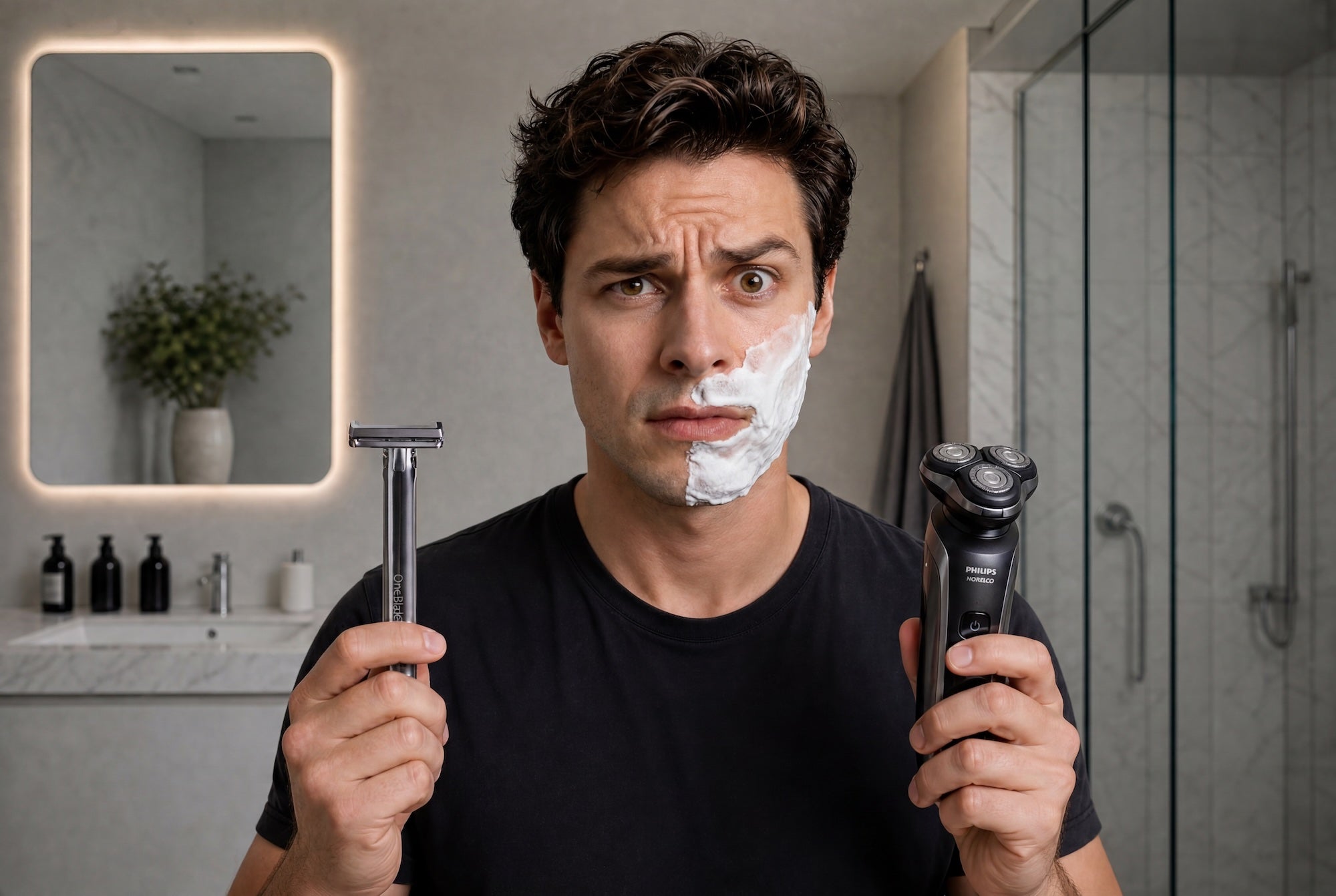 Confused man holding a safety razor and an electric razor