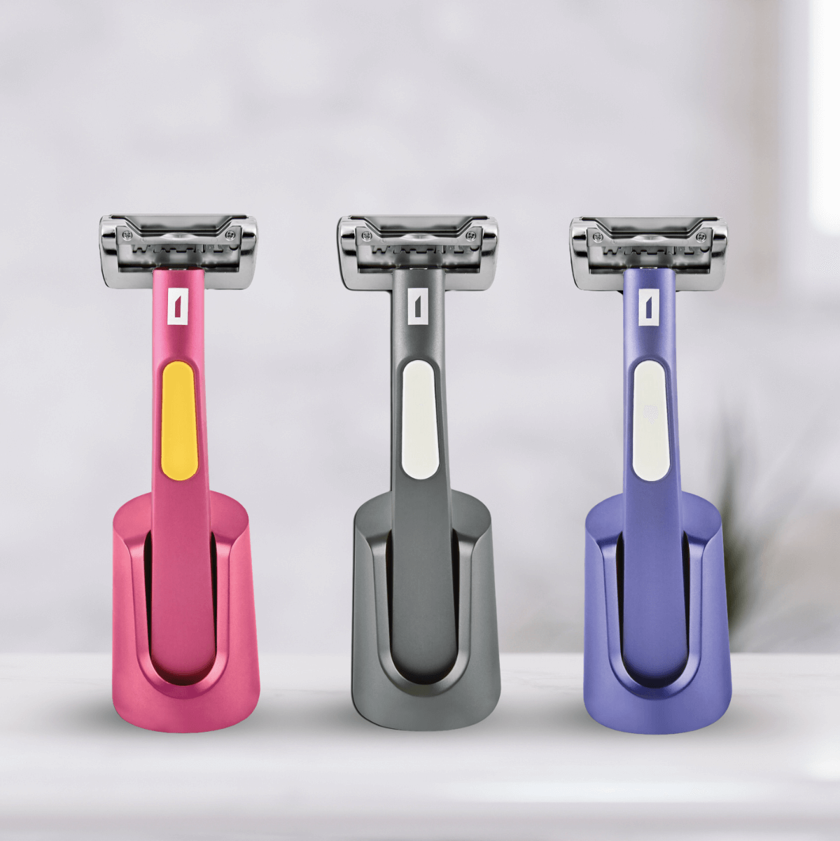 Colorful Dawn Women's Razors in their Matching Stands